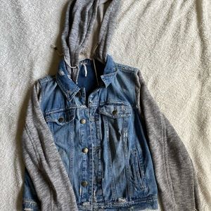 Free People Distressed Light Jean Jacket with Knit sleeves.